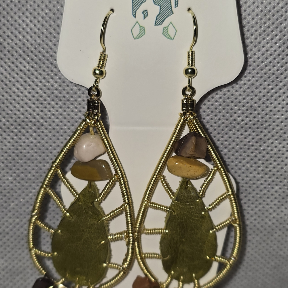 Gold-Frame Teardrop Earrings with Olive Green Inlay and Multi-Stone Accent